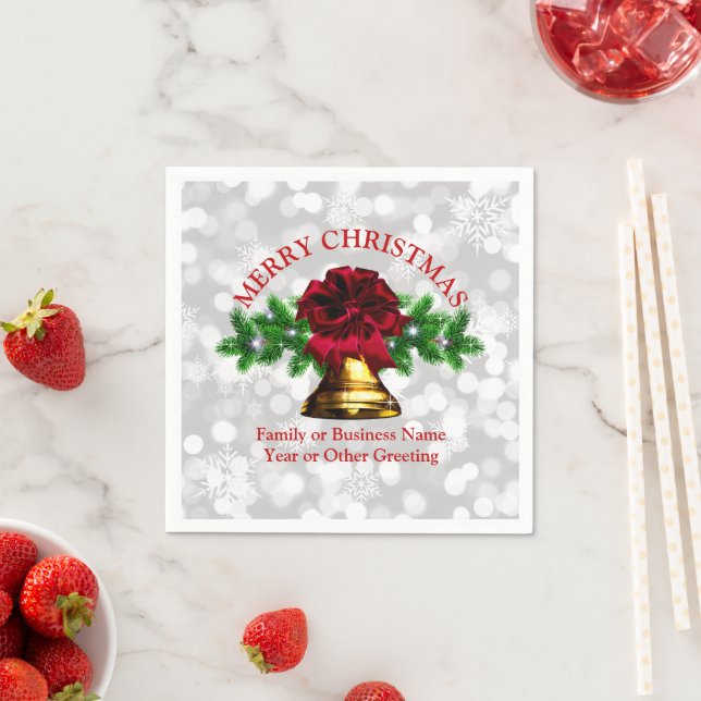 Matching Set Gold Bell Red Bow Christmas Cocktail Napkin (Insitu)
