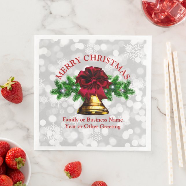 Matching Set Gold Bell Red Bow Christmas Napkin (Insitu)