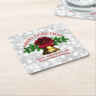 Matching Set Gold Bell Red Bow Christmas Square Paper Coaster