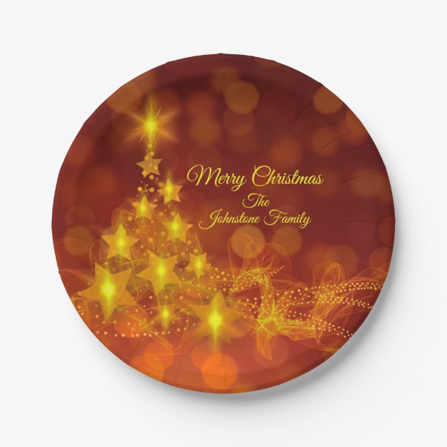 Matching Set Gold Stars Tree Change Name 7" Paper Plate (Front)