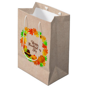 Matching Set Thanksgiving Green Gold Wreath Hat Medium Gift Bag