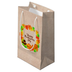 Matching Set Thanksgiving Green Gold Wreath Hat Small Gift Bag