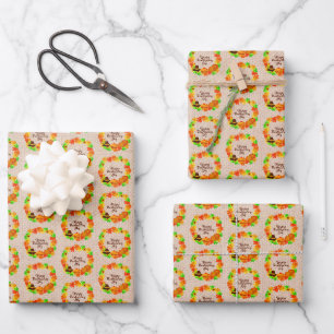 Matching Set Thanksgiving Green Gold Wreath Hat Wrapping Paper Sheet