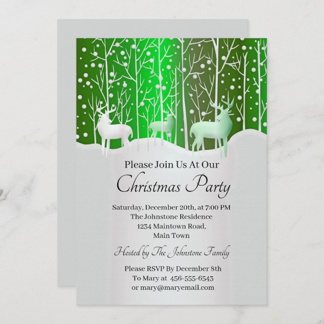 Matching Set White Reindeer Edit Green Christmas Invitation (Front/Back)