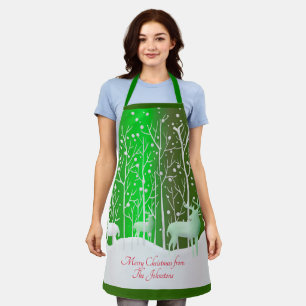 Matching Set White Reindeer Edit Name Green Apron