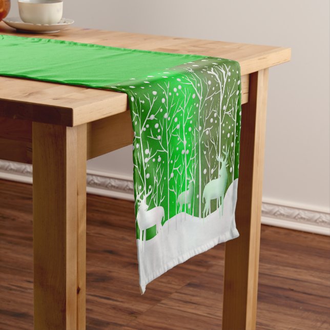Matching Set White Reindeer Edit Name Green Medium Table Runner (In Situ)