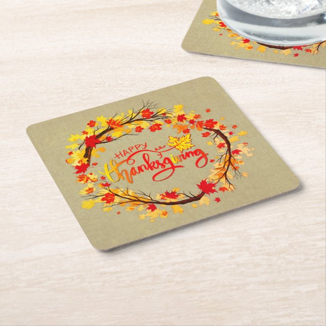 Matching Thanksgiving Autumn Leaf Tones Square Paper Coaster (Angled)