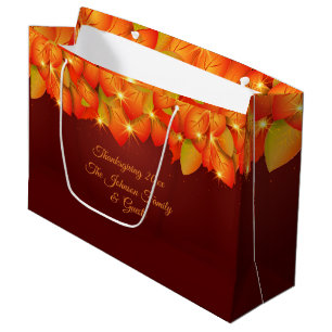 Matching Thanksgiving Orange Leaf Name Year Large  Gift Bag