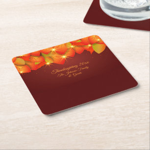 Matching Thanksgiving Orange Leaf Name Year Square Paper Coaster