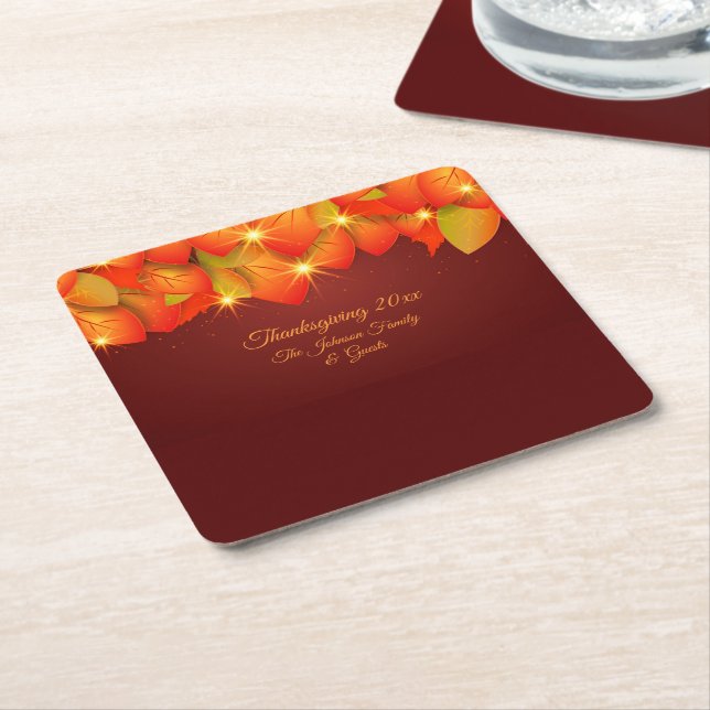 Matching Thanksgiving Orange Leaf Name Year Square Paper Coaster (Angled)