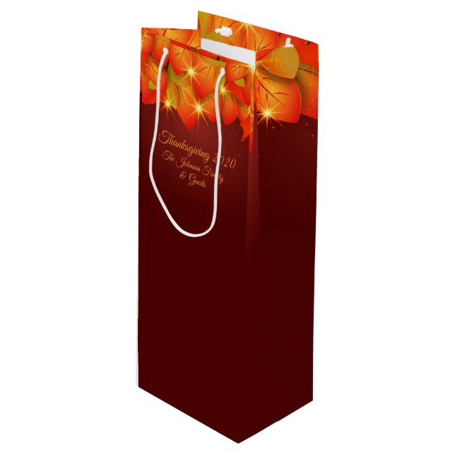 Matching Thanksgiving Orange Leaf Name Year Wine Gift Bag (Front Angled)