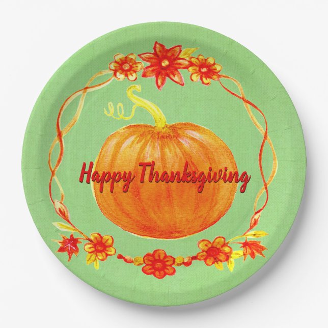 Matching Thanksgiving Pumpkin on Green 9" Paper Plate (Front)