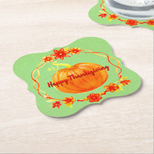 Matching Thanksgiving Watercolor Pumpkin on Green Paper Coaster