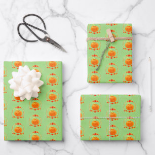 Matching Thanksgiving Watercolor Pumpkin on Green Wrapping Paper Sheet