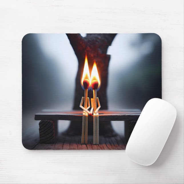Matchstick Couple On a Bench With Flames Mouse Pad (With Mouse)