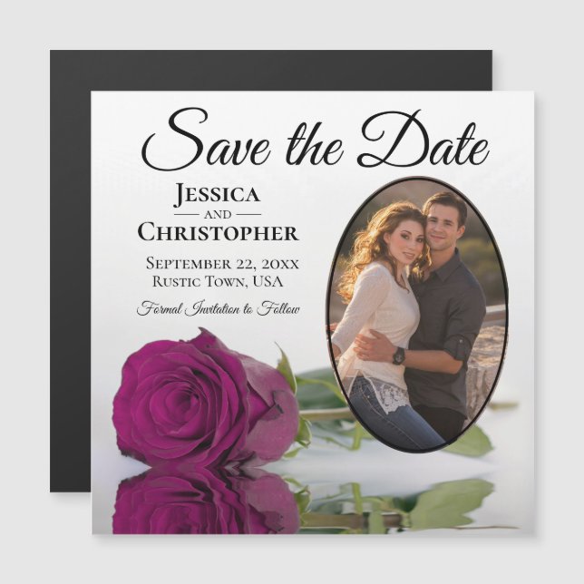 Matenta Rose on White Wedding Save The Date Photo Magnetic Invitation (Front/Back)