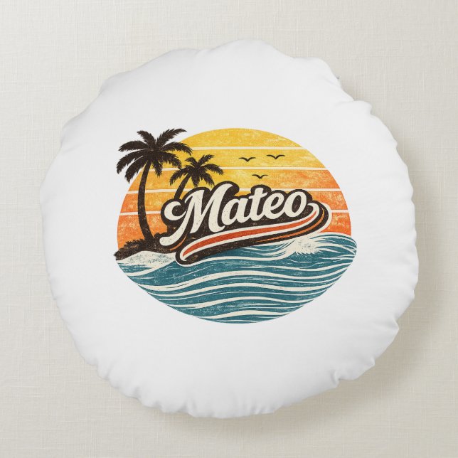 Mateo Retro Sunset Name Design Round Cushion (Back)