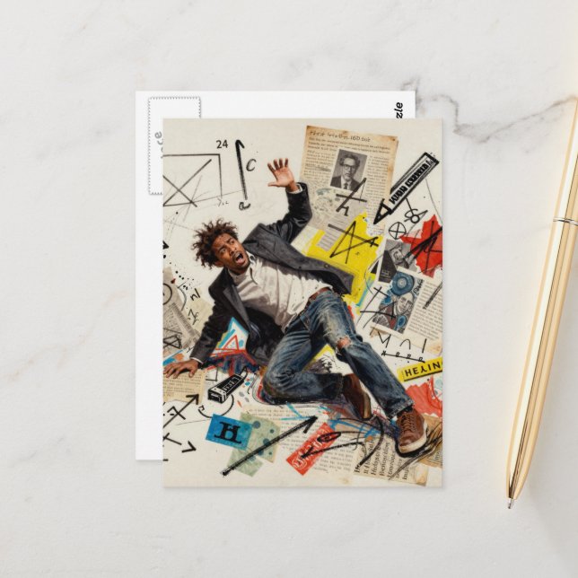 Math is Hard Man Mixed Media Collage Postcard (Front/Back In Situ)