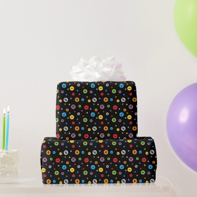 Math Symbols in Colourful Circles Pattern on Black Wrapping Paper (Party Gifts)
