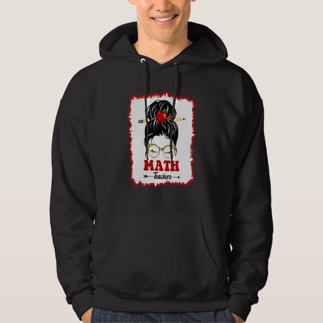 Math Teacher Messy Bun Girl Back To School Leopard Hoodie (Front)