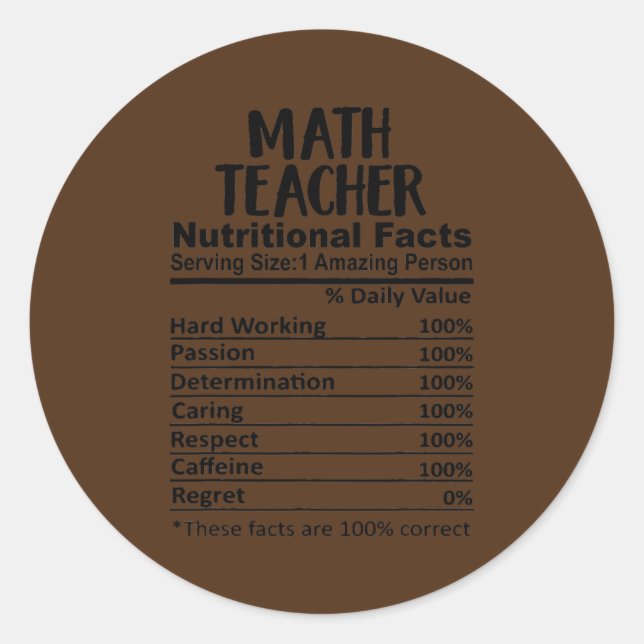 Math Teacher Nutrition Facts Funny  Classic Round Sticker (Front)