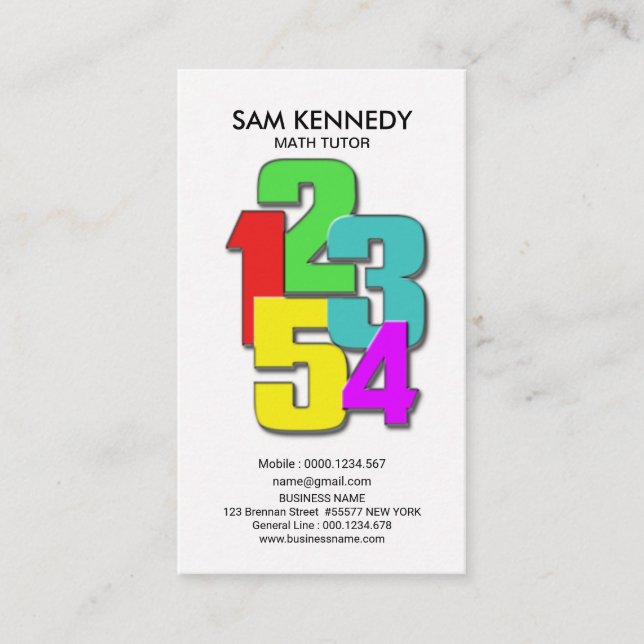 Math Tutor Colourful Teaching Numbers Business Card (Front)
