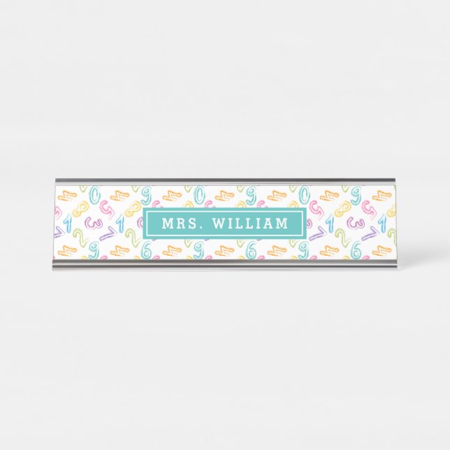 Maths Teacher Name Cute Numbers Pattern Desk Name Plate (Front)