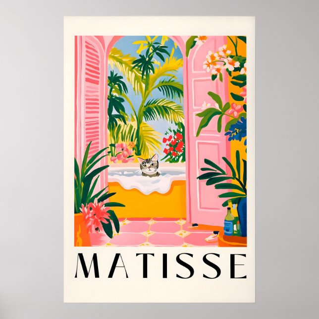 Matisse Cat Print Pink Bathroom Wall Art, Funny (Front)