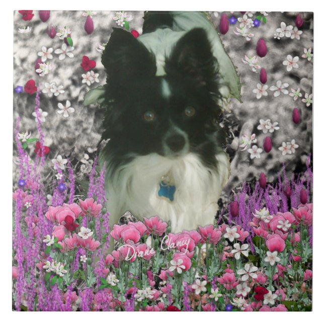 Matisse in Flowers - White & Black Papillon Dog Tile (Front)