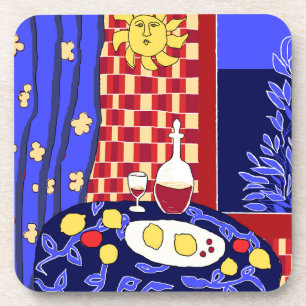 Matisse Inspired Blue Night Still Life Wine Lemons Coaster