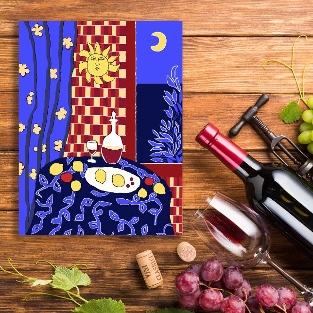 Matisse Inspired Blue Night Still Life Wine Lemons Postcard (Creator Uploaded)