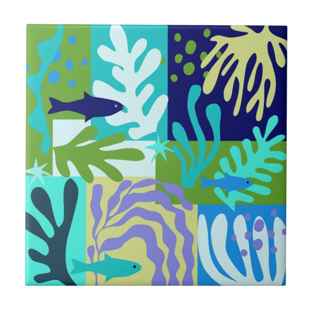 Matisse Inspired Ocean Life Paper Cutouts Aqua Ceramic Tile (Front)