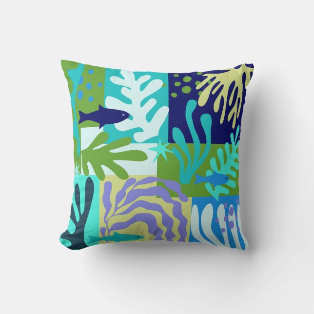 Matisse Inspired Ocean Life Paper Cutouts Aqua Cushion (Front)