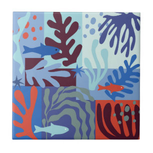 Matisse Inspired Ocean Life Paper Cutouts Blue Ceramic Tile