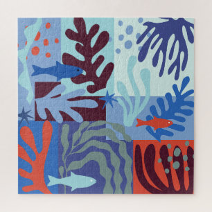 Matisse Inspired Ocean Life Paper Cutouts Blue Jigsaw Puzzle