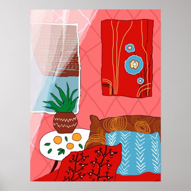 Matisse Inspired Red Room with Oranges and Aloe  Poster (Front)
