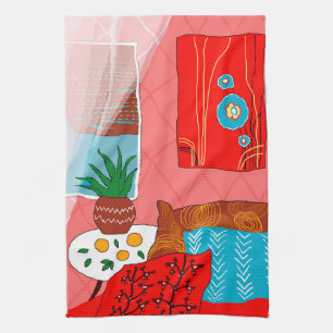 Matisse Inspired Red Room with Pillows Aloe Orange Tea Towel