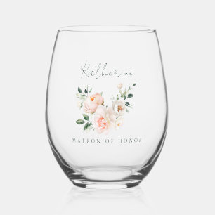 Matron of Honor Blush Pink Peony Watercolor Floral Stemless Wine Glass