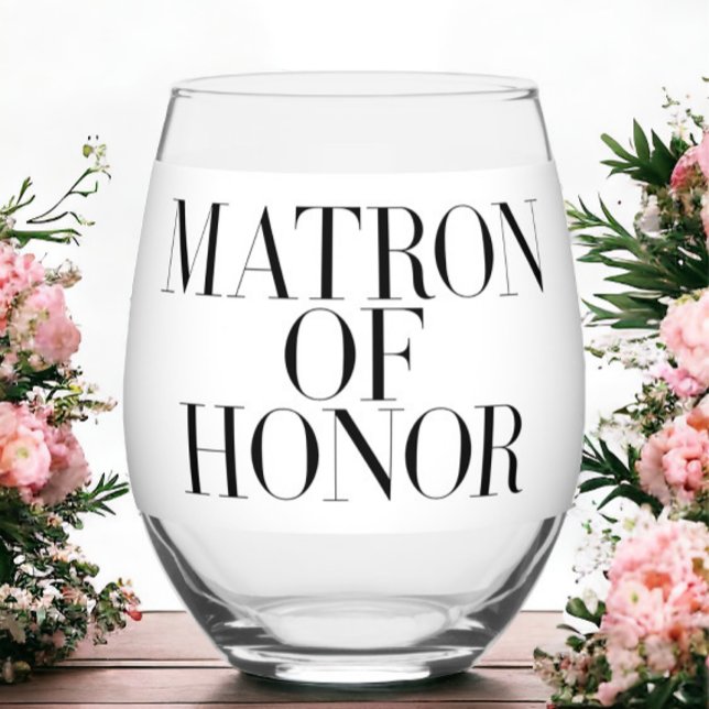Matron of Honour Black Modern Elegant Personalised Stemless Wine Glass (Creator Uploaded)