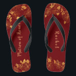 Matron of Honour Dark Burgundy Gold Foliage Patter Thongs<br><div class="desc">These gorgeous dark burgundy and gold foliage pattern matron of honour flip flops has a dark burgundy background that is adorned with an intricate gold floral greenery pattern and customisable modern typography. The combination of the rich burgundy and the shimmering gold create an elegant and luxurious aesthetic. It's a beautiful...</div>