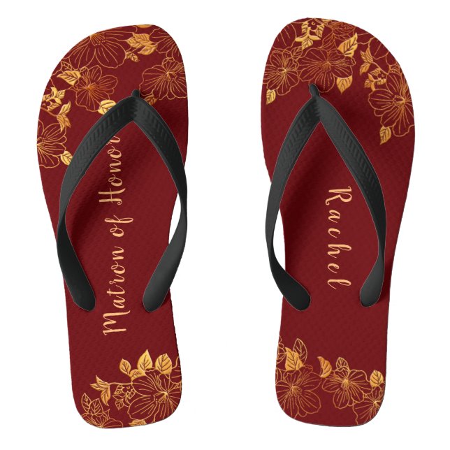 Matron of Honour Dark Burgundy Gold Foliage Patter Thongs (Footbed)