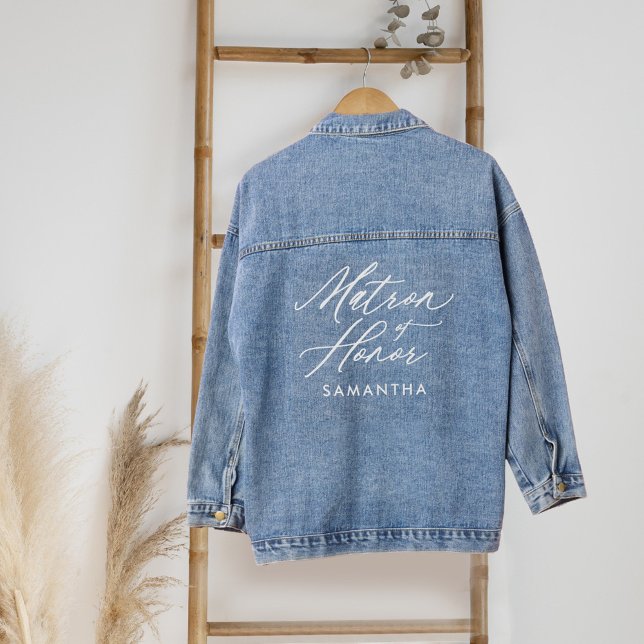 Matron of Honour Elegant Script Name Wedding Party Denim Jacket (Matron of Honor Elegant Script Name Wedding Party Denim Jacket)