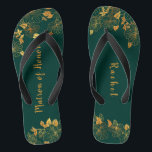 Matron of Honour Emerald Green & Gold Foliage  Thongs<br><div class="desc">These gorgeous emerald green and gold foliage matron of honour flip flops feature golden foliage pattern and modern typography on timeless dark green background. It's a beautiful gift for your bridal party. View the collection on this page to find matching items. ♥Customise it with your information. ♥ If you want...</div>