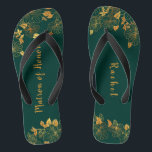 Matron of Honour Emerald Green & Gold Foliage  Thongs<br><div class="desc">These gorgeous emerald green and gold foliage matron of honour flip flops feature golden foliage pattern and modern typography on timeless dark green background. It's a beautiful gift for your bridal party. View the collection on this page to find matching items. ♥Customise it with your information. ♥ If you want...</div>