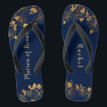 Matron of Honour Gold Foliage Pattern Navy Blue Thongs<br><div class="desc">These gorgeous gold foliage pattern navy blue matron of honour flip flops has a dark blue background that is adorned with an intricate gold floral greenery pattern and customisable modern typography. The combination of the rich navy and the shimmering gold create an elegant and luxurious aesthetic. It's a beautiful gift...</div>