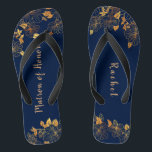 Matron of Honour Gold Foliage Pattern Navy Blue Thongs<br><div class="desc">These gorgeous gold foliage pattern navy blue matron of honour flip flops has a dark blue background that is adorned with an intricate gold floral greenery pattern and customisable modern typography. The combination of the rich navy and the shimmering gold create an elegant and luxurious aesthetic. It's a beautiful gift...</div>