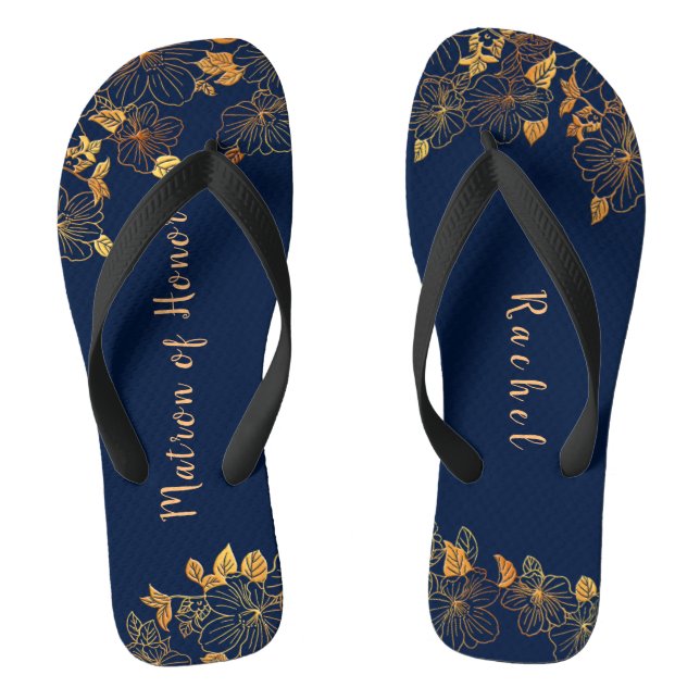 Matron of Honour Gold Foliage Pattern Navy Blue Thongs (Footbed)
