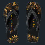 Matron of Honour Luxury Black Gold Foliage Pattern Thongs<br><div class="desc">These gorgeous black and gold foliage pattern matron of honour flip flops boasts a luxurious black and gold palette, with a stunning golden floral pattern and modern typography set against a black background, exuding elegance and sophistication. It's a beautiful gift for your bridal party. View the collection on this page...</div>