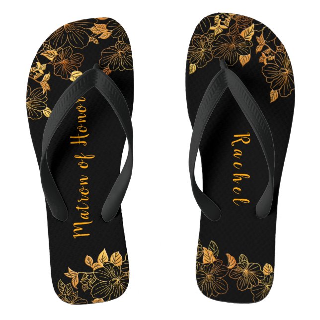 Matron of Honour Luxury Black Gold Foliage Pattern Thongs (Footbed)