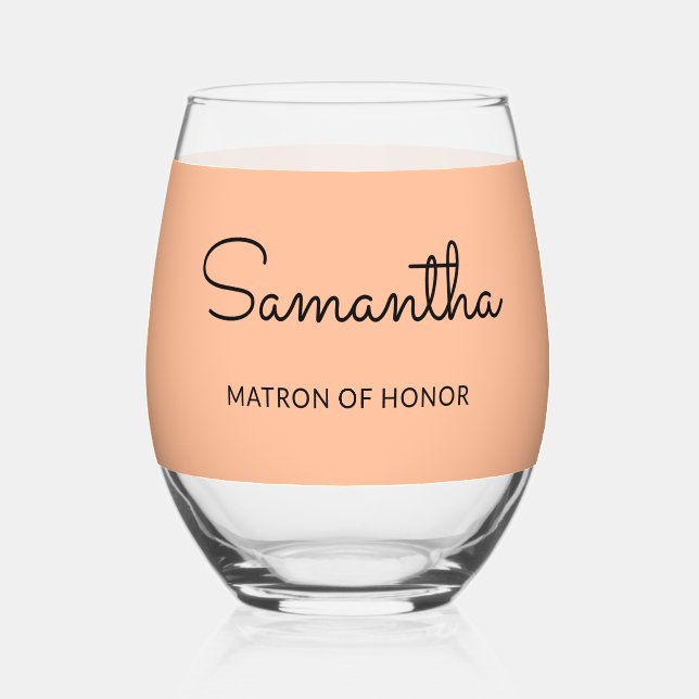 Matron of Honour Monogram Wedding Elegant Peach Stemless Wine Glass (Front)